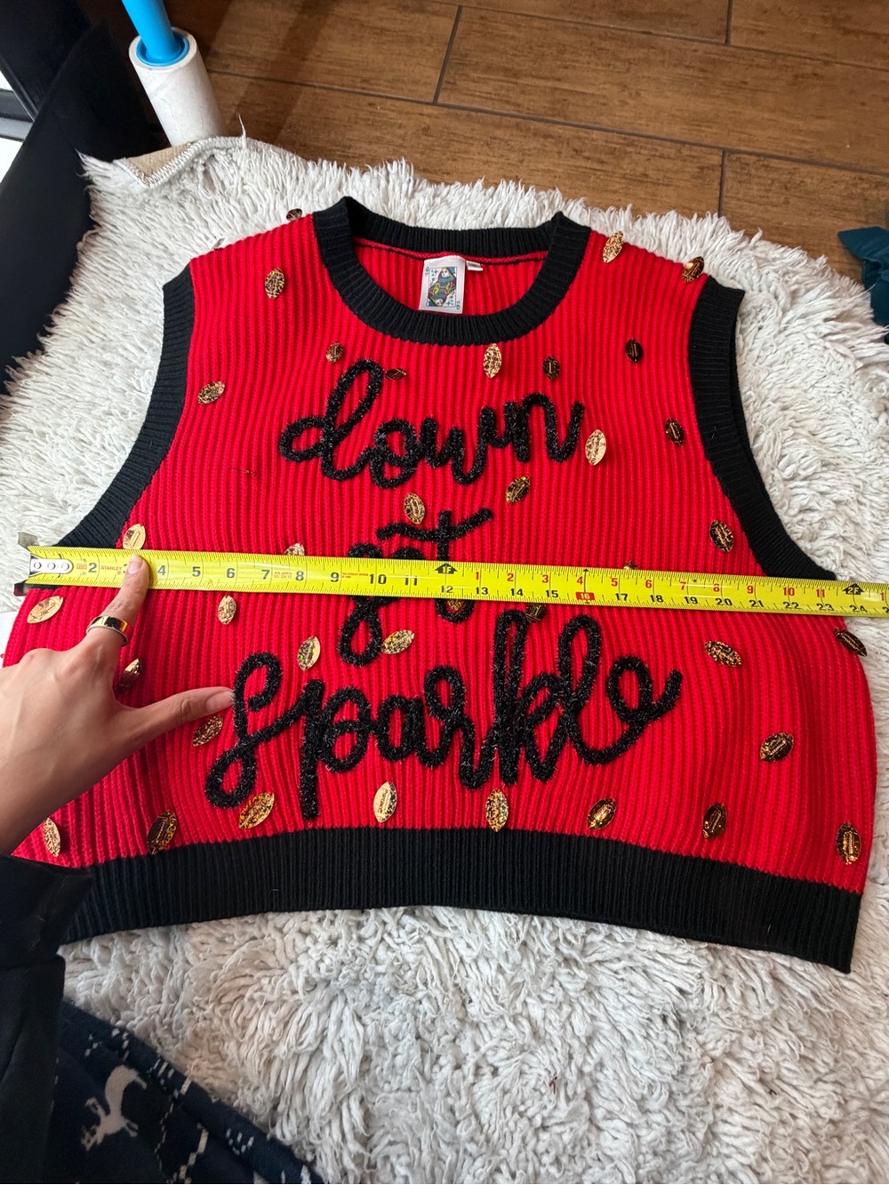NWT Queen of Sparkle 'Down Set Sparkle' Sweater Vest Black Red Game Day Shirt - Picture 9 of 9
